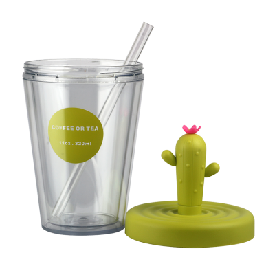Customized fashionable gift double-deck plastic cup with straw